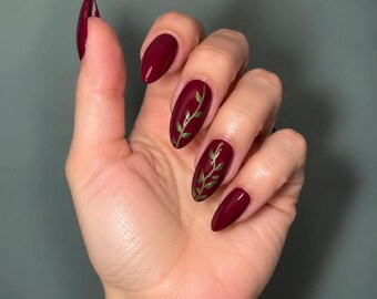 Enchanted Vines, Burgundy Floral Press On Nails, Gold Vine Nail Art, Dark Red Botanical Nails, Handmade Nails