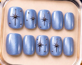 Periwinkle Blue Press On Nails | Shimmery Blue Celestial Star Nails | Silver Starburst Nail Art | Handmade Square Nails