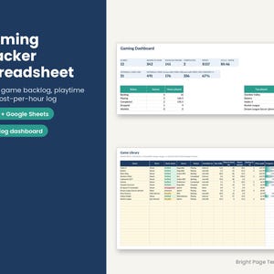 Kalkylblad för spelspårning, spårning av eftersläpning för videospel, speltidslogg, spelbibliotek och kostnad per timme, Google Sheets och Excel