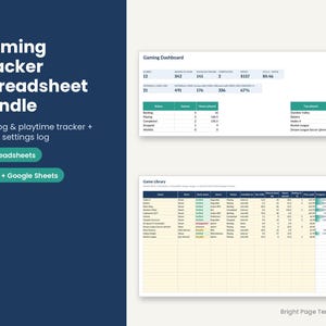 May include: A digital gaming tracker spreadsheet bundle for Excel and Google Sheets. The interface displays a Gaming Dashboard with statistics and a Game Library table with columns for game status, genre, hours played, and progress bars.