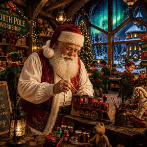 May include: Santa Claus with a white beard and red suit paints a red toy train in a workshop. Elves work in the background. A sign reads NORTH POLE WORKSHOP and another says EVERY TOY BUILT WITH LOVE DELIVERED WITH JOY. A rocking horse and lantern are present.