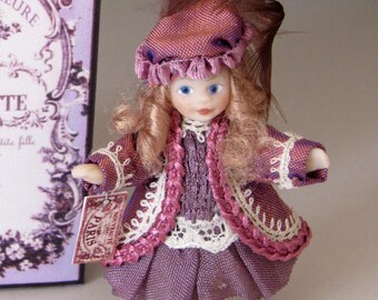 1:12th Scale ~ Dolls House ~ Miniature Bebe Jumeau ~ La Mignonette ~Toy Doll for Doll House Doll ~  Nursery Doll with her box (Dusky Purple)