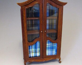 1:12th Scale ~ Dolls House ~ Louis XV Style Vitrine Armoire finished in Walnut with Blue Tartan fabric ~ French Doll house Furniture