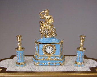 1:12th Scale ~ Dolls House ~ Louis XVI Style Garniture de Cheminee Set ~ 24ct Gold Plated and Blue Enamel beautiful