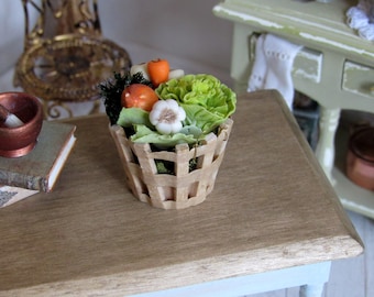 1:12th scale ~ Dolls House ~ Selection of Fresh Vegetables in Wooden Basket ~ Country Kitchen display