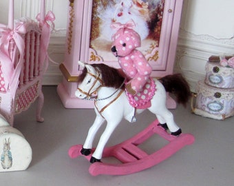 1:12th Scale. Dolls House ~ Pretty Pink Rocking Horse with Teddy for Nursery, Decorative Nursery Accessory