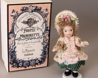 1:12th Scale ~ Dolls House ~ Miniature Bebe Jumeau ~ La Mignonette ~Toy Doll for Doll House Doll ~  Nursery Doll with her box (Beige Green)