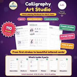 Kids Calligraphy Workbook, Hand Lettering Practice Sheets, Brush Script Alphabet, Teens Beginner Printable PDF