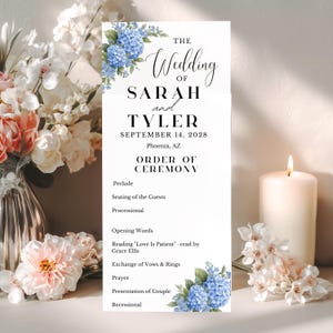 Blue Hydrangea Wedding Program Template, Editable Canva Ceremony Program, 4x9 Order of Service