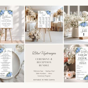 May include: A wedding stationery bundle featuring blue hydrangea floral illustrations. Includes a welcome sign, seating chart, table number card, menu, and ceremony program, all displaying black text on white backgrounds with blue flower accents.