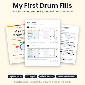 May include: A digital educational guide titled My First Drum Fills featuring 16 color-coded picture fills for beginner drummers. The pages display musical notation grids with symbols for cymbals, toms, snare, and bass drum, plus star icons.