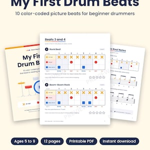 My First Drum Beats | Printable Drum Lesson Worksheets for Kids | Beginner Drum Sheet Music PDF | Color-Coded Beats, Ages 5-9