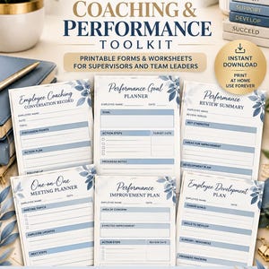 May include: A digital toolkit titled The Organize Leader Employee Coaching & Performance Toolkit, featuring printable forms like a Performance Goal Planner, Employee Coaching Conversation Record, and Performance Review Summary with blue floral accents.