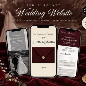 Luxury Burgundy Wedding Website Template, Canva Lace Envelope Reveal, RSVP, Countdown, Music, Digital Download