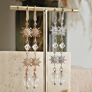 Celestial Bridal Earrings, Long Starburst Earrings, Sparkling Stars Earrings, version 2
