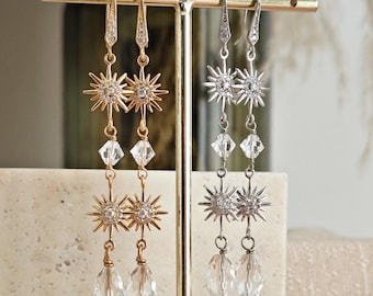 Celestial Bridal Earrings, Long Starburst Earrings, Sparkling Stars Earrings, version 2