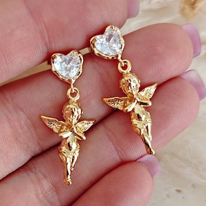 Angel Cherub Romantic Earrings, Guardians Angels Heart Earrings, Coquette Aesthetic Earrings, Dangling Heart and Angel Earrings