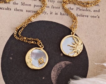 Sun and Moon Mother of Pearl Besties Necklaces, BFF Necklaces, Celestial Necklace, Mother of Pearl Coin Necklace, Friendship Necklaces