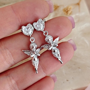 Angel Cherub Romantic Earrings, Guardians Angels Heart Earrings, Coquette Aesthetic Earrings // Silver version