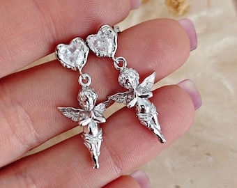 Angel Cherub Earrings, Silver Heart, Coquette Jewelry