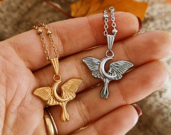 Luna Moth Necklace with Moon, Goblincore Necklace, Nature Lover, Night Enthusiast