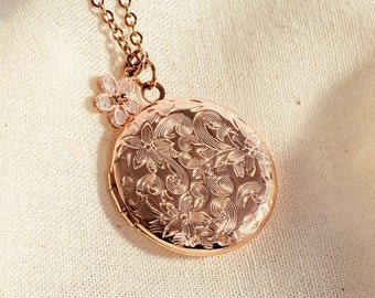 Rose Gold Plated Brass Round Floral locket necklace, Bridesmaid Floral Locket Necklace, Bridal Necklace, Anniversary Locket // In My Garden