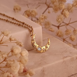 Celestial Gold Crescent Moon Necklace with Opal and Cubic Zirconia, Gold Dainty Minimalist Boho Half Moon Pendant // MoonMagic