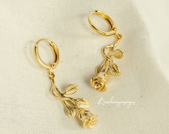 Rose Charm Pendant Floral Hoops Earrings, Flower Rose Earrings // Rose Spell