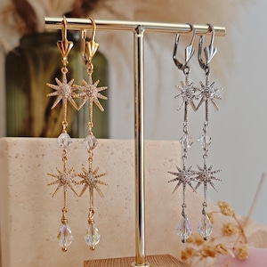 Celestial Bridal Earrings, Long Starburst Earrings, Sparkling Stars Earrings, version 1