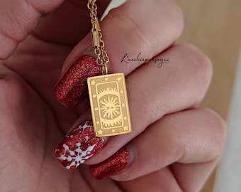 The Mystic Tarot Necklace, Gold Plated Stainless Steel Sun and Stars Card Charm