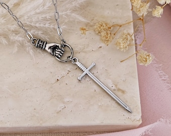 King of Camelot Silver Necklace, Excalibur Sword and Hand Necklace, Bookish Jewelry, Dark Academia Necklace, Knightcore Necklace