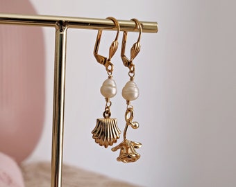 Aphrodite Earrings: Freshwater Pearls, Gold Shell, Rose - Greek Mythology