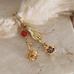 Persephone and Hades Earrings: Gold Gauntlet, Pomegranate & Rose Jewelry