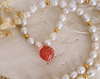Handmade Strawberry Pearl Choker: Cottagecore Beaded Necklace