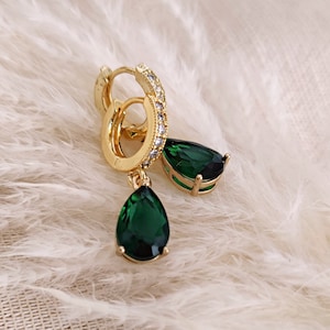 Emerald Green Huggie Hoops Earrings, May Birthstone, Emerald Dangling Drop Earrings // FOREST