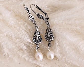 Freshwater Pearl Earrings: Antiqued Silver Shell, Aphrodite Greek Mythology Jewelry // VENUS