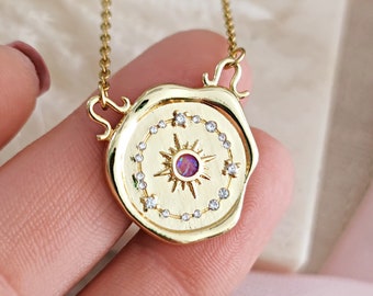 Opal Wax Seal Coin necklace, Celestial Gold Coin Opal necklace, Opal coin necklace, Opal jewelry, CZ jewelry // THE UNIVERSE