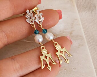 Poseidon Trident Dangle Earrings: Pearl & Zircon Greek Mythoogy Jewelry