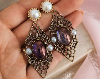 Anne Boleyn Filigree Dangle Earrings: Amethyst Czech Glass, Pearl, Tudors Style