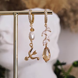 Achilles Hero Earrings: Gold Mismatched Hoops, Greek Mythology Crystal Earrings