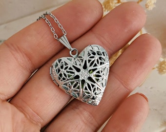Filigree Heart Locket Necklace, Stainless Steel Perfume Diffuser Locket Necklace