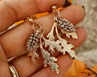 Pine Forest Earrings, Oak Tree Leaves and Pine Cones Earrings, Woodlands Earrings, Nature Lover, Autumn Fall Earrings // FAIRY OAK