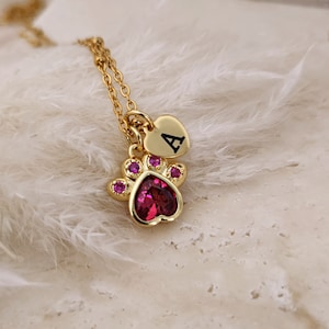 Può includere: Collana in oro con un ciondolo a forma di zampa di animale in cristallo rosa e un piccolo ciondolo a forma di cuore inciso con la lettera A.