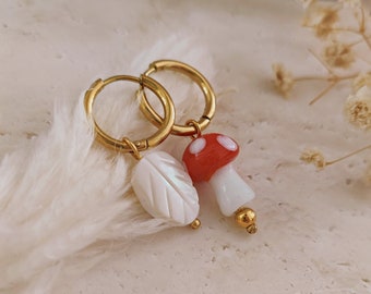 Cute Mushroom and Leaf Hoops Earrings, Mismatched Mushroom and Leaf Earrings, Aesthetic Cottagecore Earrings, Goblincore Earrings // FAIRY