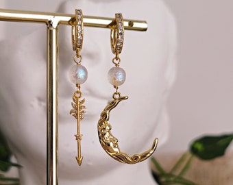 Artemis Goddess Moon & Arrow Earrings: Gold Greek Mythology Mismatched Hoops