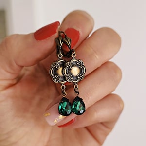 Art Deco Emerald Green Teardrop Earrings, Art Nouveau Emerald Green Earrings, May Birthstone, Boho Wedding Bridal Earrings