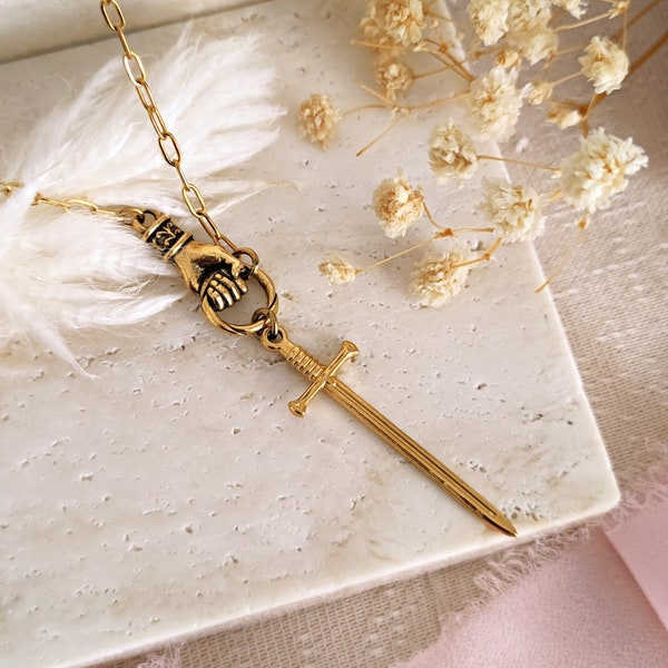 King of Camelot Necklace, Excalibur Sword and Hand Necklace, Bookish Jewelry, Dark Academia Necklace, Knightcore Necklace