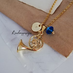 Blue French Horn necklace with Engraved Initial