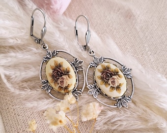 Antique Silver Floral Ceramic Cameo Earrings, Victorian Art Deco Cameo Earrings, Cottagecore Aesthetic Floral Earrings // PENELOPE