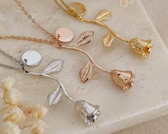 Rose Initial Necklace: Personalized Flower Pendant, Stainless Steel
